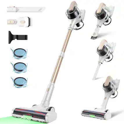 Front. MOOSOO - Cordless Vacuum with Self-Standing, Lightweight Stick Vacuum Cordless Rechargeable with Green Light For Home - White&Gold.