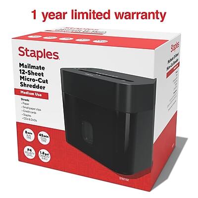 1 year limited warranty

Staples Mailmate 12-Sheet Micro-Cut Shredder Medium Use

- Shreds paper
- Small paper clips
- Staples
- CDs & DVDs
- Secures 8 min
- 45 min
- 45mlm
- Cool
- P4 security
- 1.8gal (1l) level capacity

ST62152