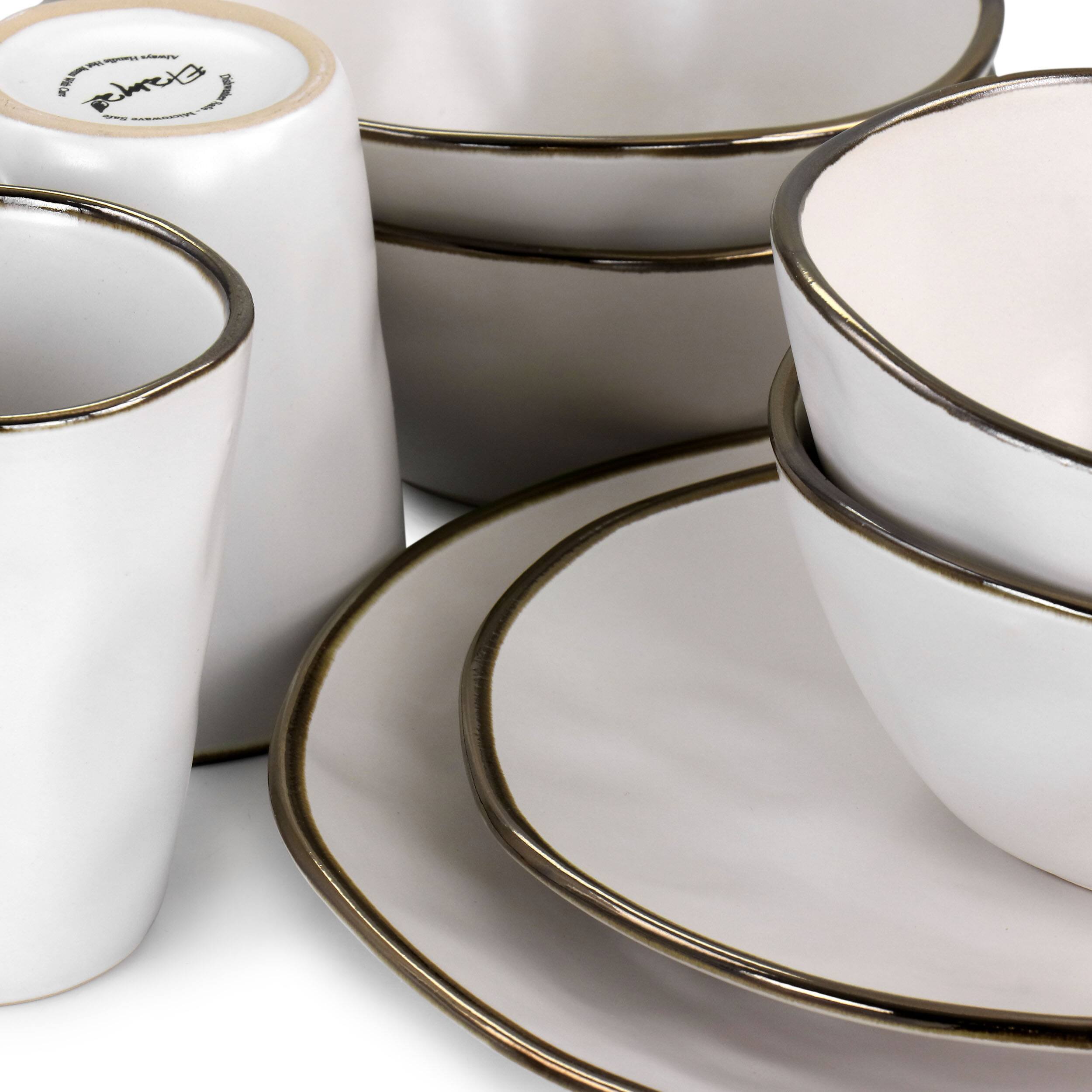 Alt View 8. Elama - Elama Modern 16 Piece Stoneware Dinnerware Set in Matte White with Gold Rim - White and Gold.