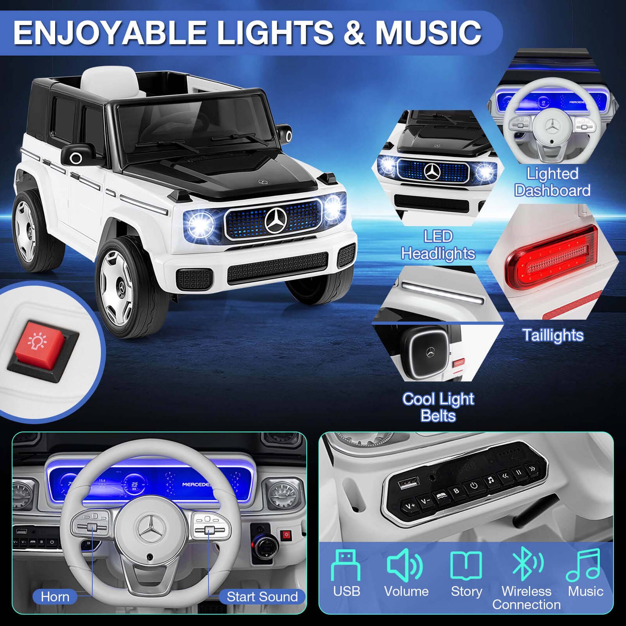 ENJOYABLE LIGHTS & MUSIC

- Lighted Dashboard
- LED Headlights
- Taillights
- Cool Light Belts
- Horn
- Start Sound
- USB
- Volume
- Story
- Wireless Music Connection