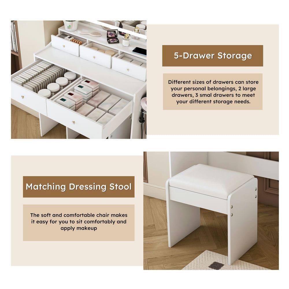 5-Drawer Storage  
Different sizes of drawers can store your personal belongings, 2 large drawers, 3 small drawers to meet your different storage needs.

Matching Dressing Stool  
The soft and comfortable chair makes it easy for you to sit comfortably and apply makeup.