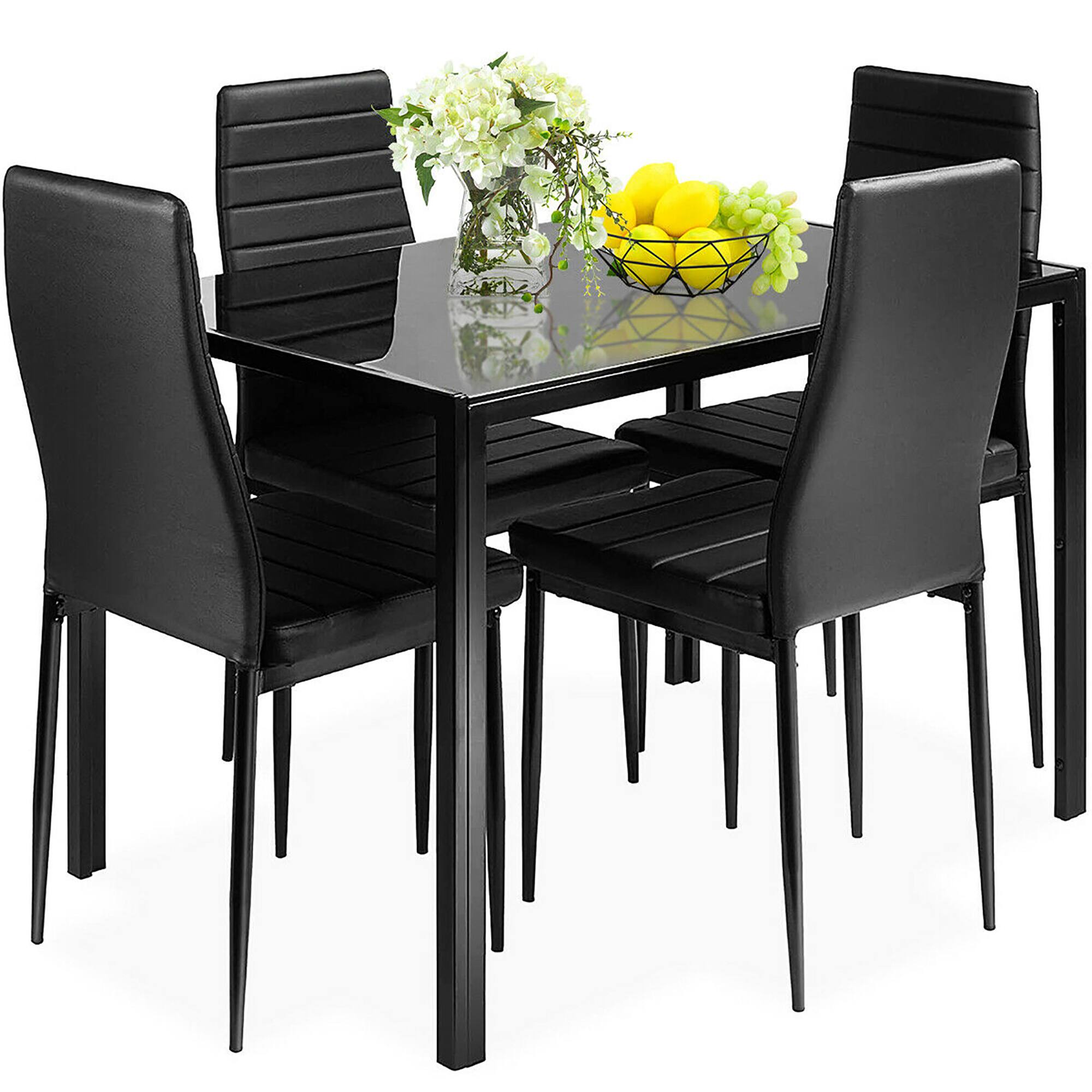 Costway - 5 Piece Kitchen Dining Set Glass Metal Table 30" and 4 Chairs Breakfast Furniture - Black