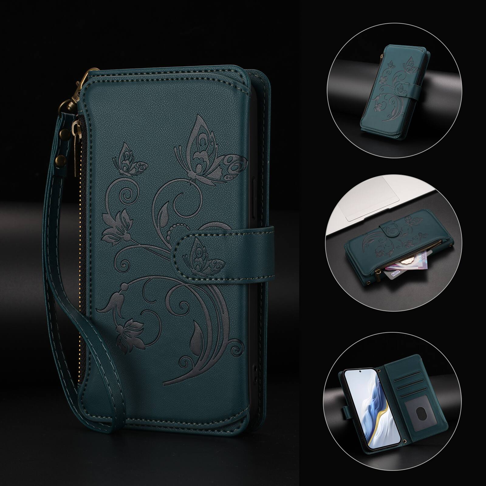 Alt View 5. Dteck - Butterfly Flower Wallet Case for Apple iPhone 17,Crossbody Zipper Pocket Magnetic Closure Flip Shockproof Cover+Lanyard - Darkblue.