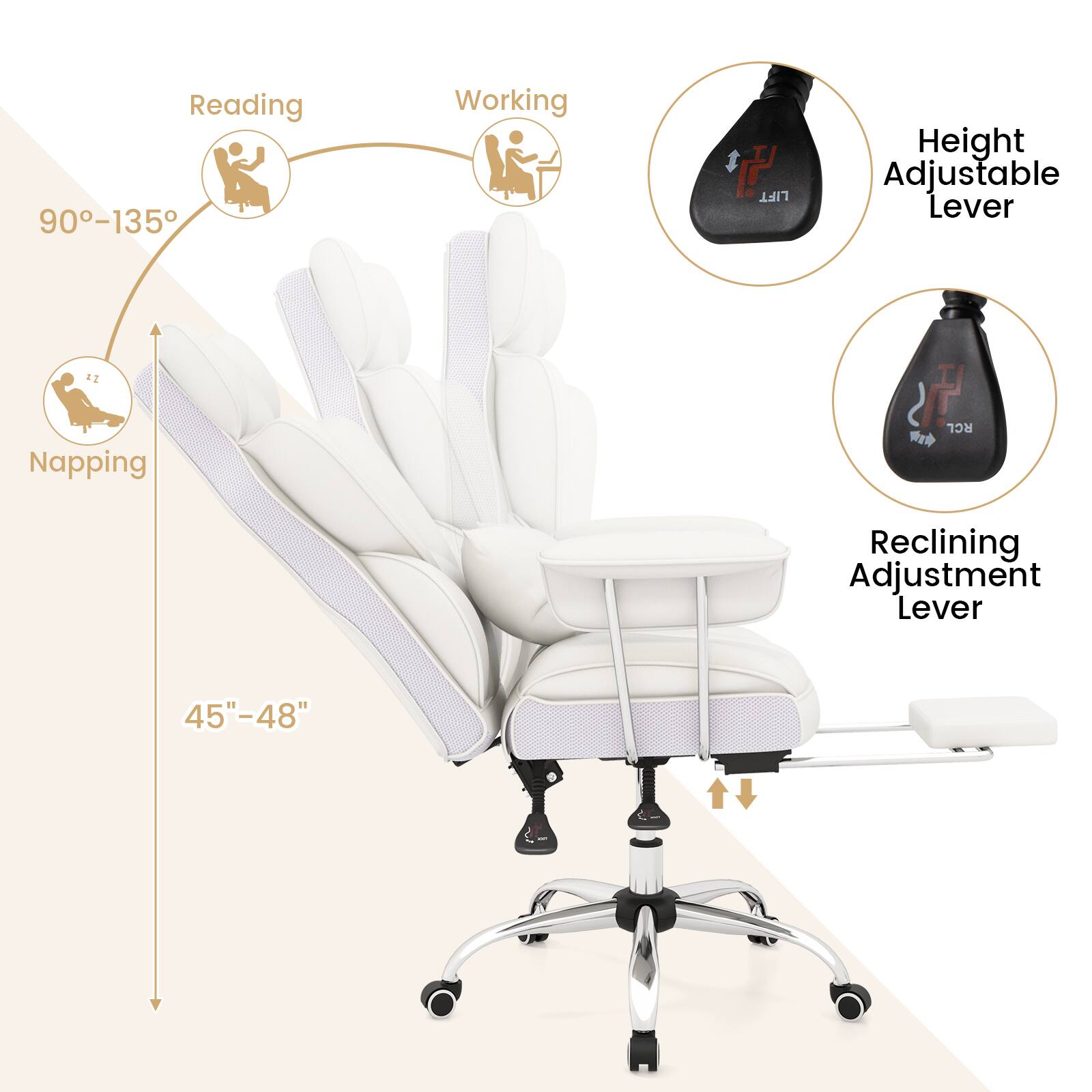 Reading 90-135°
Working
Height Adjustable Lever
Napping
Reclining Adjustment Lever
45"-48"