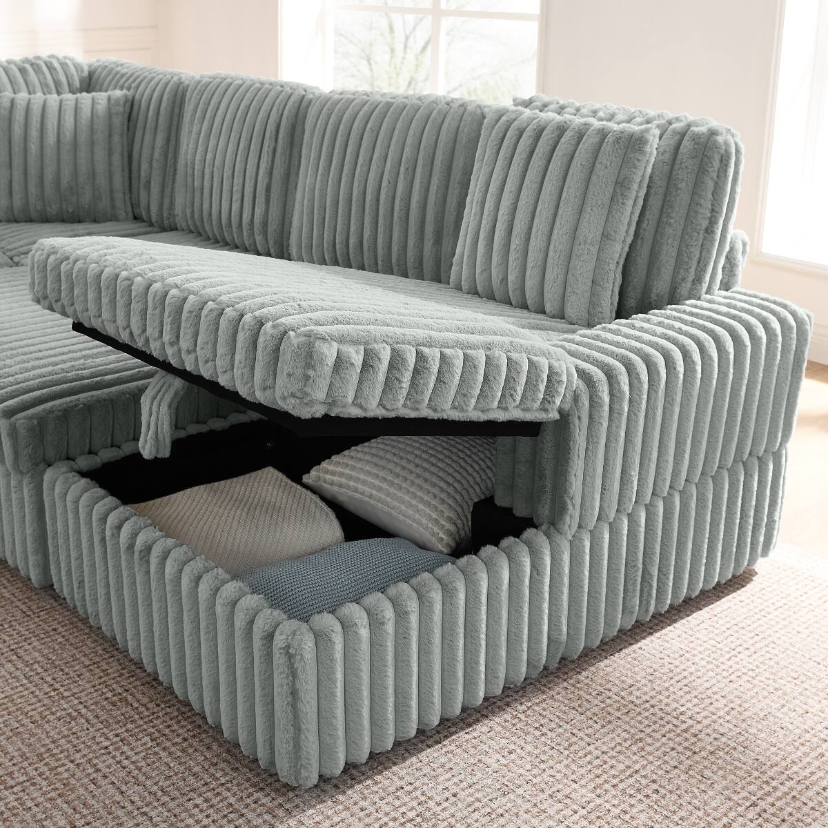 Alt View 9. Ropilly - Ropilly U Shaped Sectional Sofa, Corduroy Upholstered Pull Out Sofa Bed with Storage Chaise, Grey - Grey.