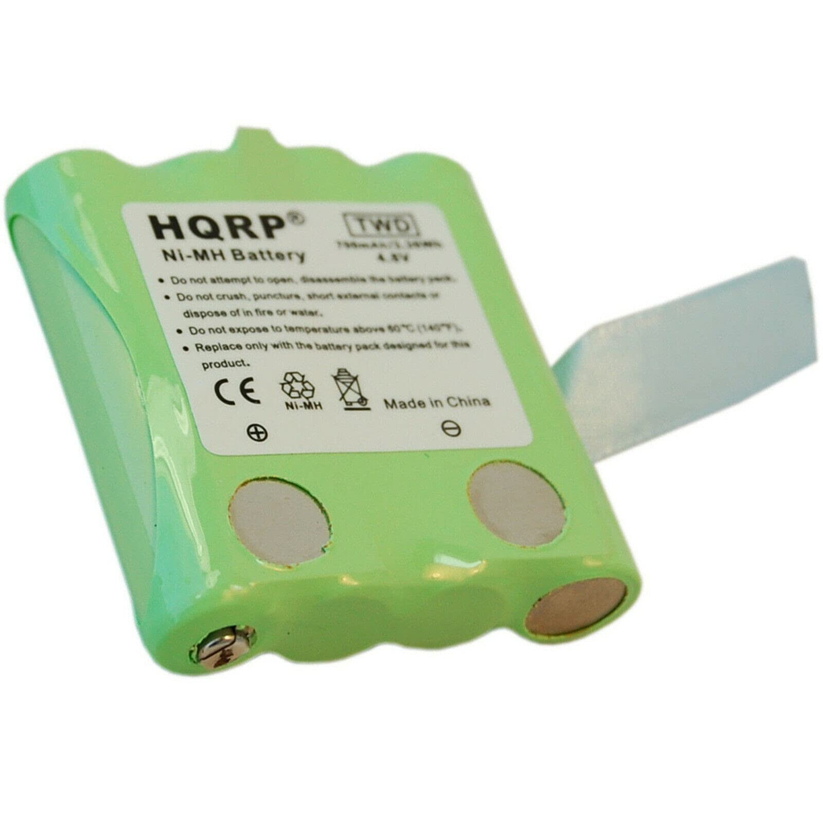 HQRP TWO Ni-MH Battery

- Do not attempt to open, disassemble the battery pack.
- Do not crush, puncture, short external contacts or dispose of in fire or water.
- Do not expose to temperatures above 60°C (140°F).
- Replace only with the battery pack designed for this product.

CE
NI-MH
Made in China