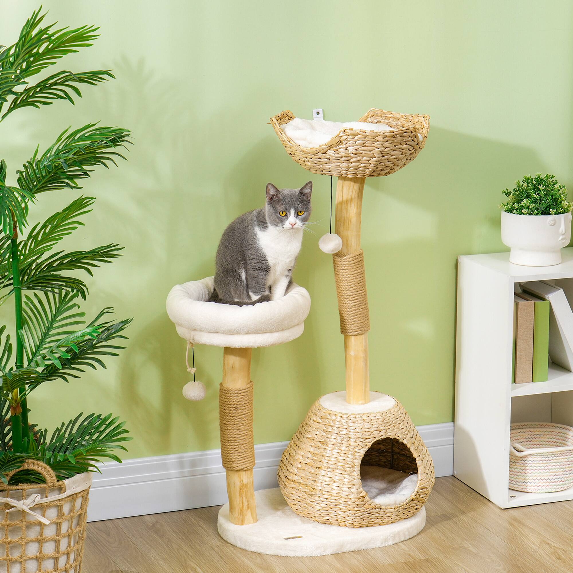 Angle. Pawhut - 41" Wooden Cat Tree for Indoor Cats, Tower with 2 Real Branch Scratching Posts, Condo, Beds & Toy Balls, Activity Center - Cream White.