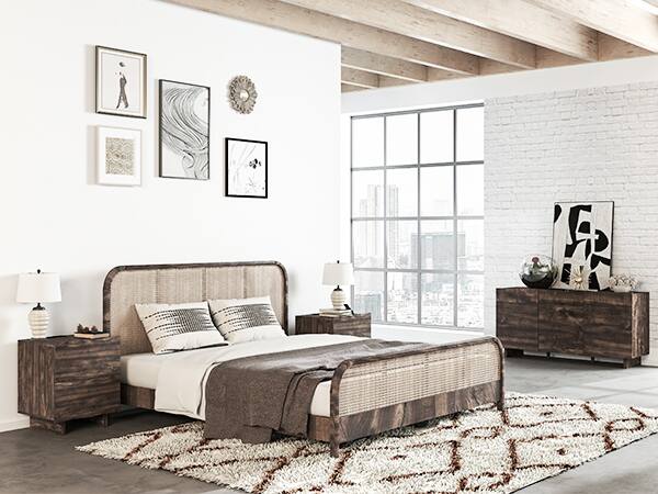 Left. Bestier - Wave Side Table with Drawer & Charging Station, AC Outlet, USB & Type-C Ports for Bedroom or Living Room - brown.