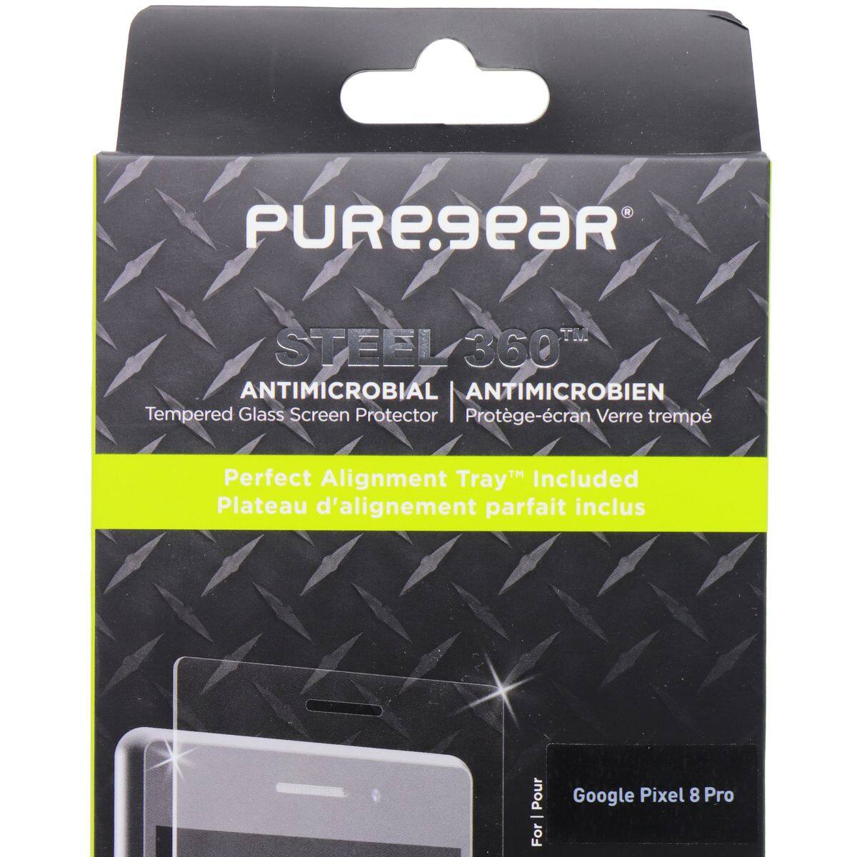 PURE9ear™ STEEL 360™ ANTIMICROBIAL ANTIMICROBIEN Tempered Glass Screen Protector | Protège-écran Verre trempé  
Perfect Alignment Tray™ Included Plateau d'alignement parfait inclus  
For - Google Pixel 8 Pro
