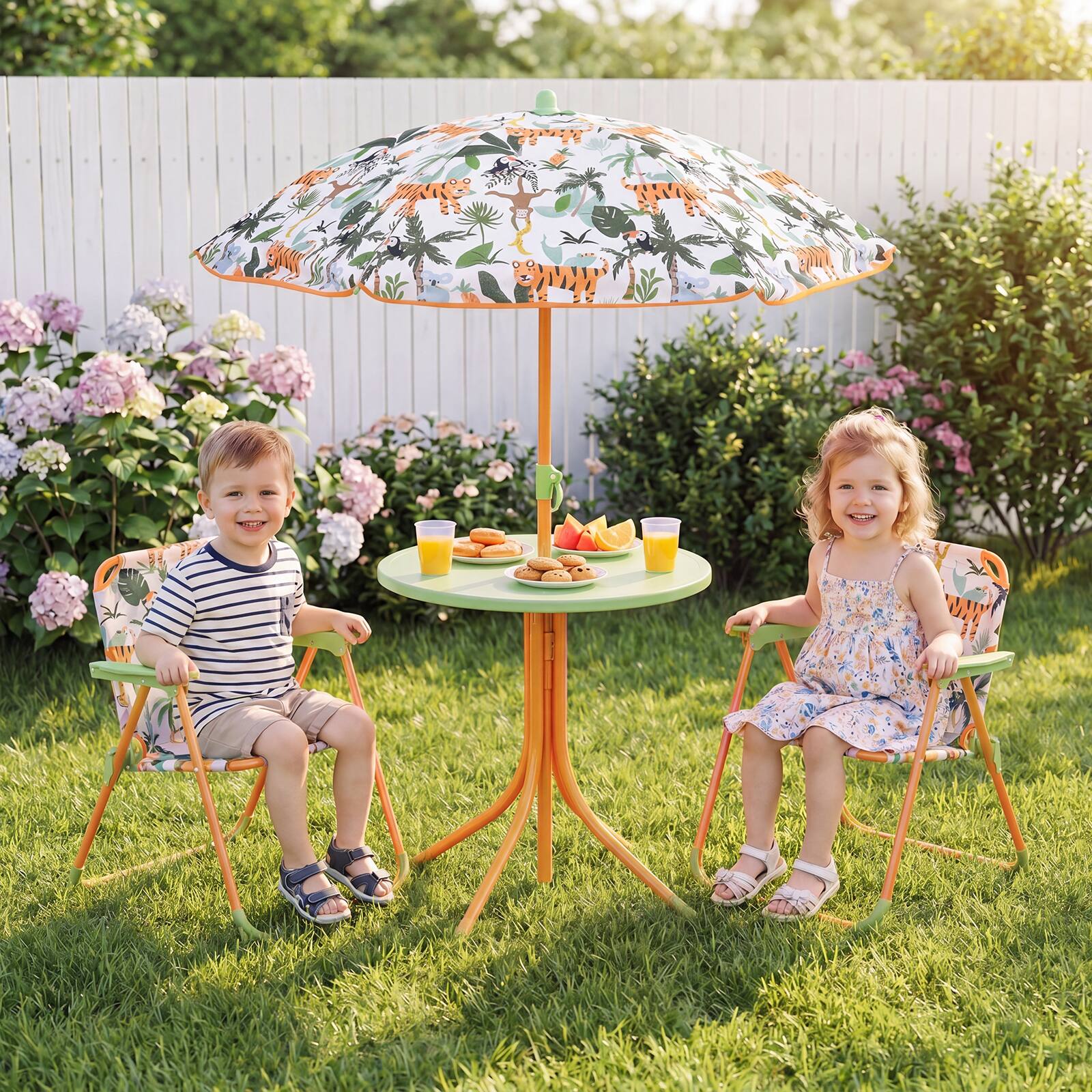 Alt View 1. Gymax - Gymax Kids Picnic Table Outdoor Table&Chair Set 2 Folding Chairs&Adjustable Umbrella Yellow & Green - Yellow.