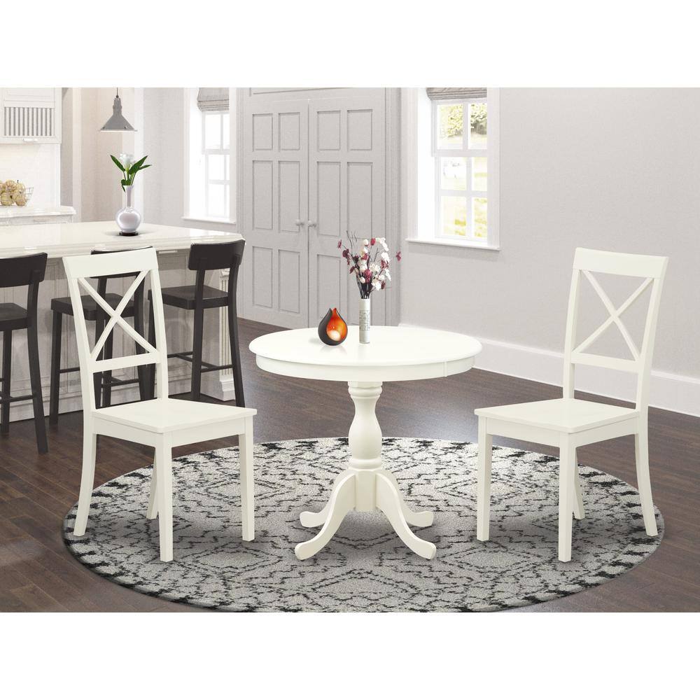 Back. East West Furniture - AMBO3-LWH-W 3 Piece Dining Room Set - 1 Dining Table and 2 Linen White Dining Chairs - Linen White Finish - Linen White.