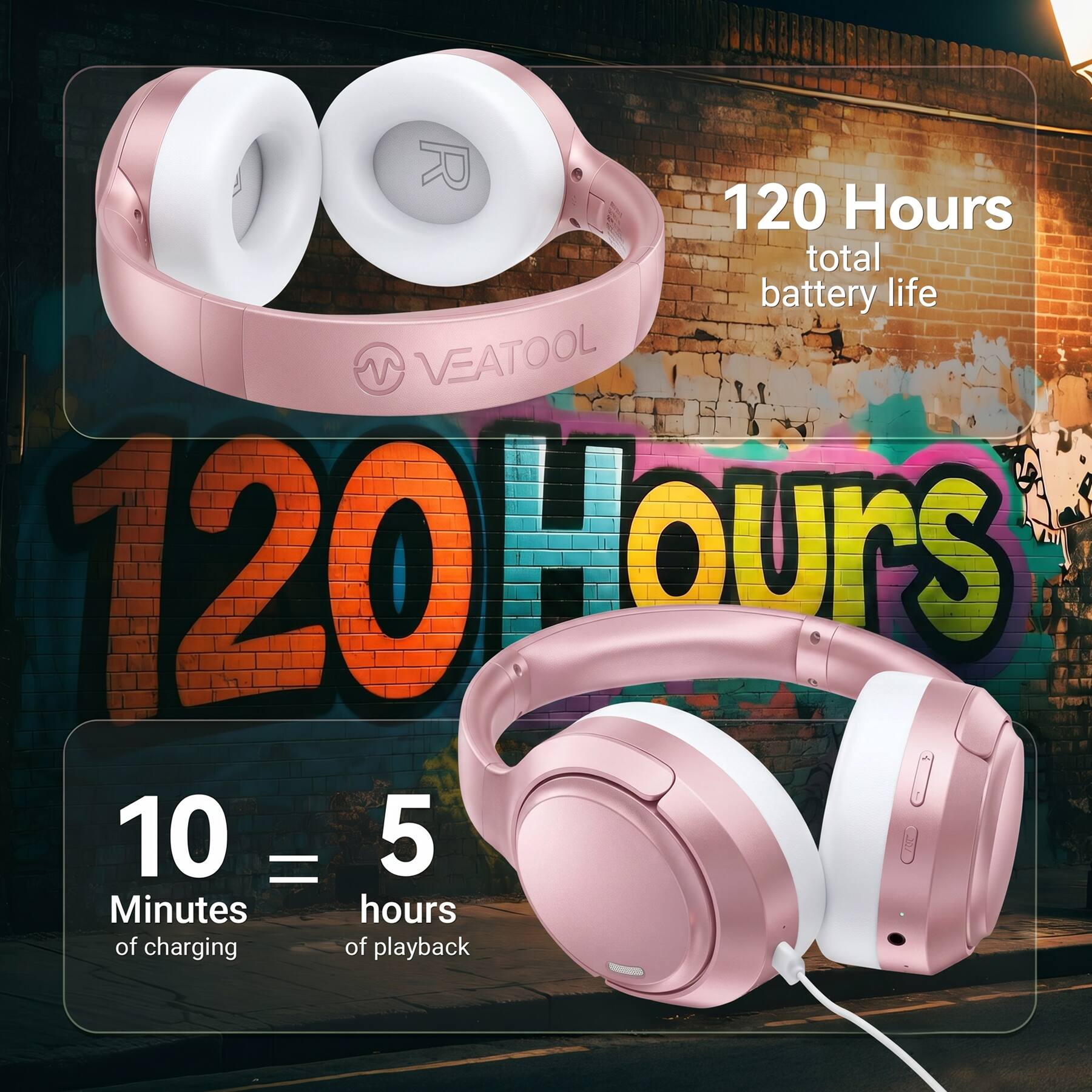 120 Hours total battery life  
VEATOOL  
120 Hours  
10 = 5  
Minutes of charging  
hours of playback