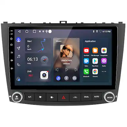 MIC KST 6:13 PM
Navi 0 km/h
Music
Application
YouTube Video File Manager ImageScan Play Store Radio REC Bluetooth Chrome
OFF A/C DUAL AUTO MODE