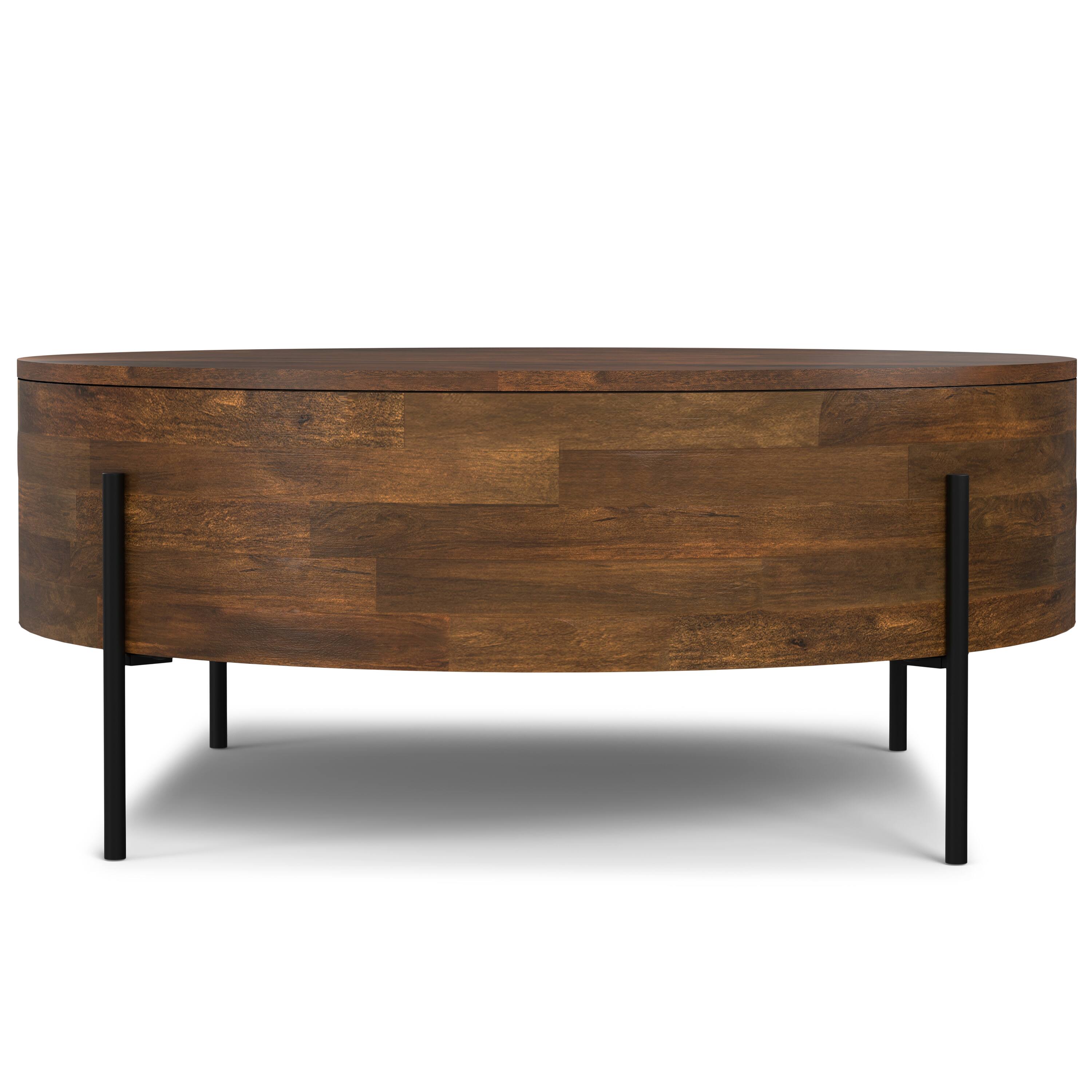 Left. Simpli Home - Rayburn SOLID MANGO WOOD 38 inch Wide Round Modern Urban Drum Coffee Table in Walnut Brown - Walnut Brown.