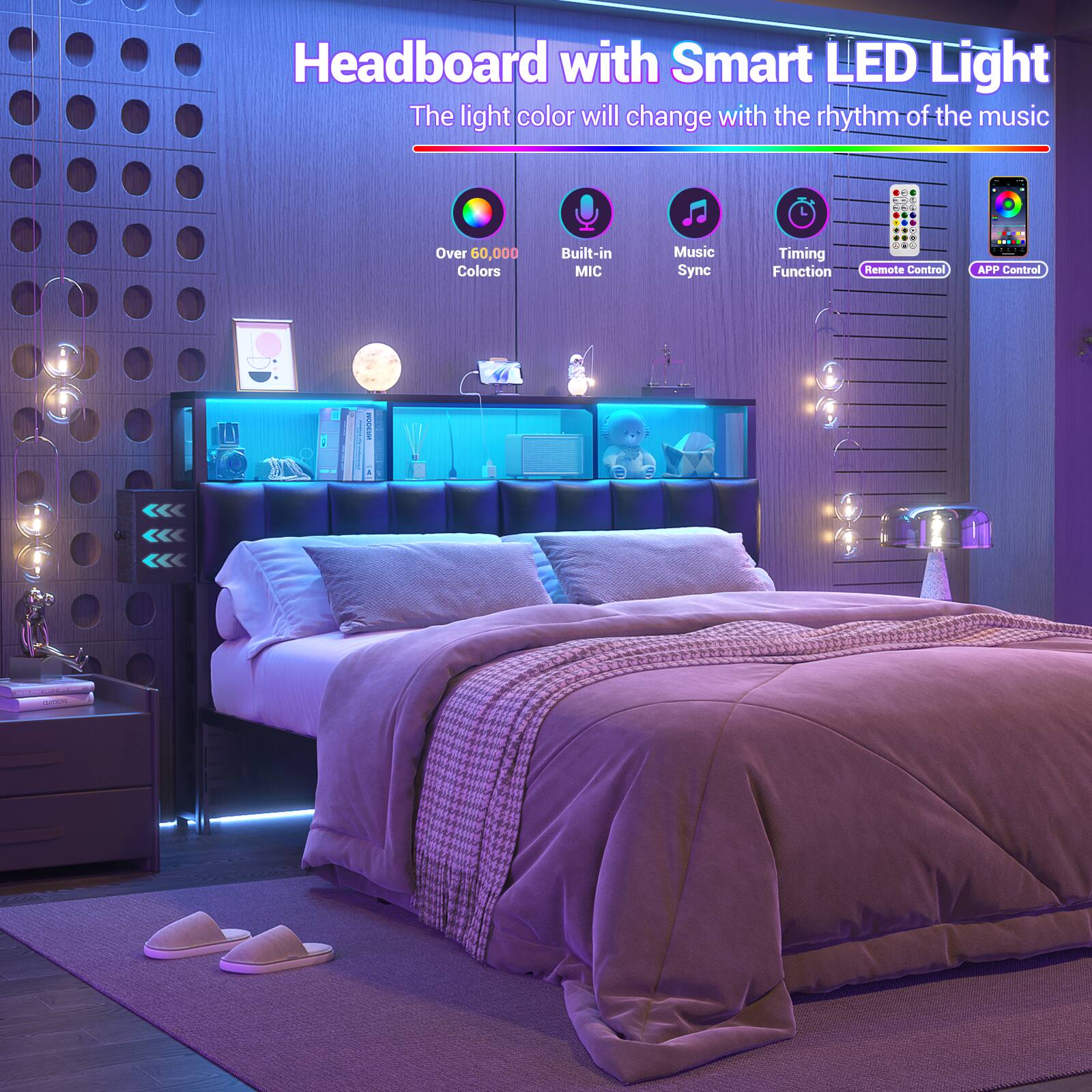 Headboard with Smart LED Light  
The light color will change with the rhythm of the music  

- Over 60,000 Colors  
- Built-in MIC  
- Music Sync  
- Timing Function  
- Remote Control  
- APP Control