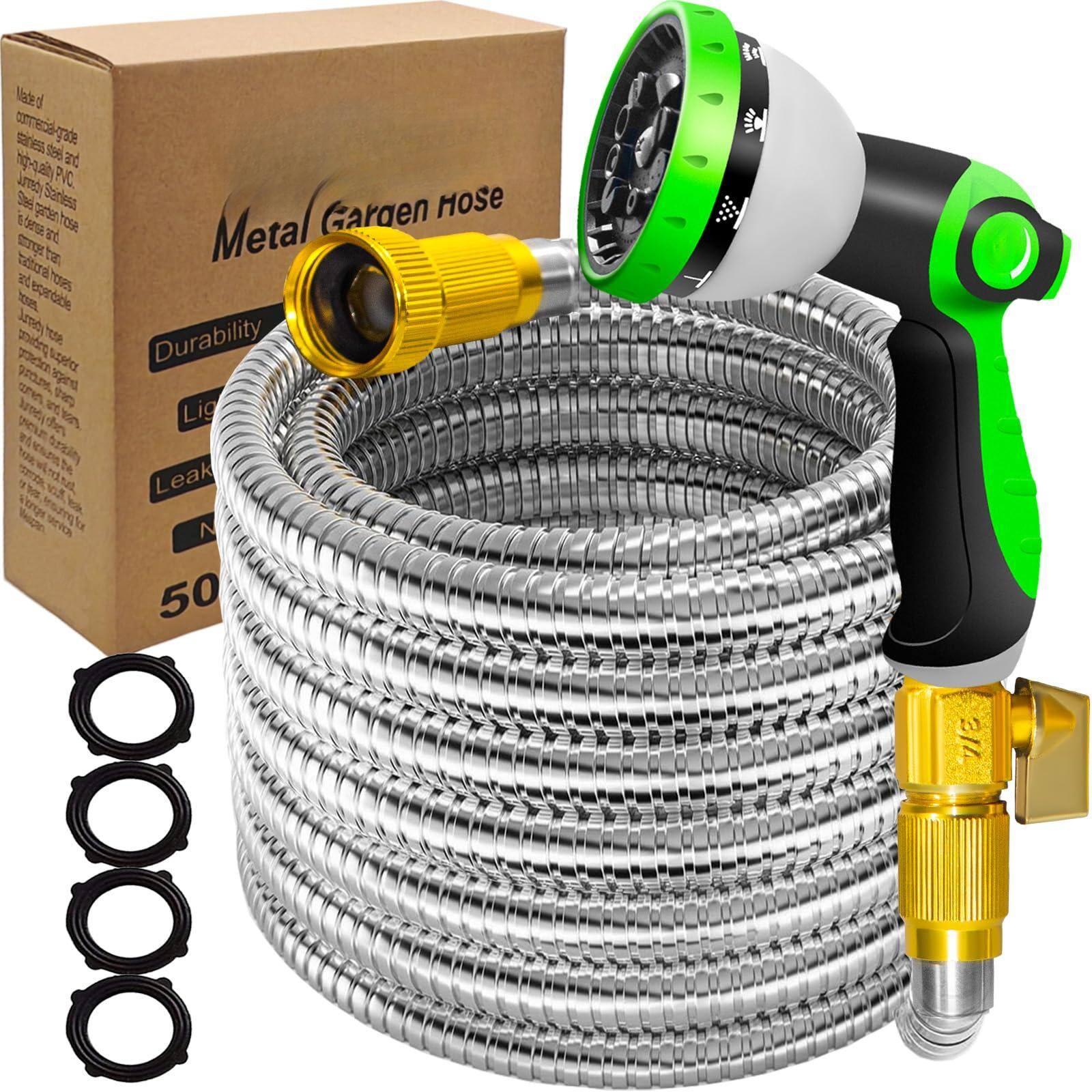 Made of commercial-grade stainless steel and high-quality PVC, this garden hose is designed for durability and flexibility. It features a 50-foot length and is equipped with a metal nozzle for precise water control. The hose is leak-resistant and comes with a spray gun for various watering needs.