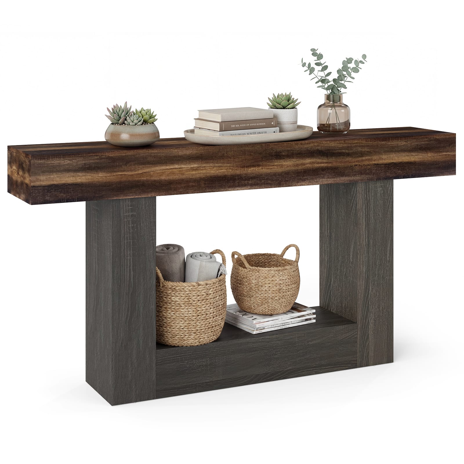Costway - 63" Long Console Table with Storage Shelf, Farmhouse Entryway Table for Living Room - Rustic Brown + Black