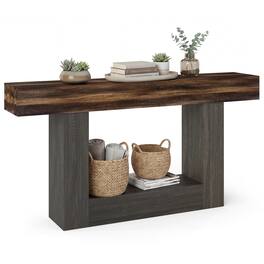 Costway - 63" Long Console Table with Storage Shelf, Farmhouse Entryway Table for Living Room - Rustic Brown + Black