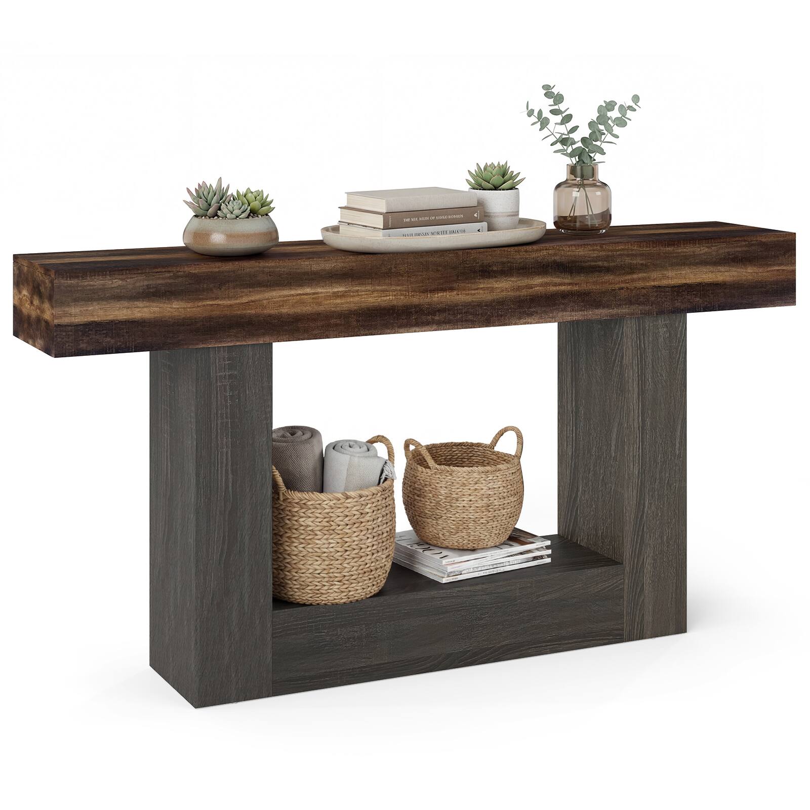 Front. Costway - Costway 63" Long Console Table with Storage Shelf, Farmhouse Entryway Table for Living Room - Rustic Brown + Black.