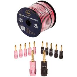 16 AWG Speaker Wire Cable (100' Spool) Bundle H&A Speaker Connector Banana Plugs, 6 Pairs