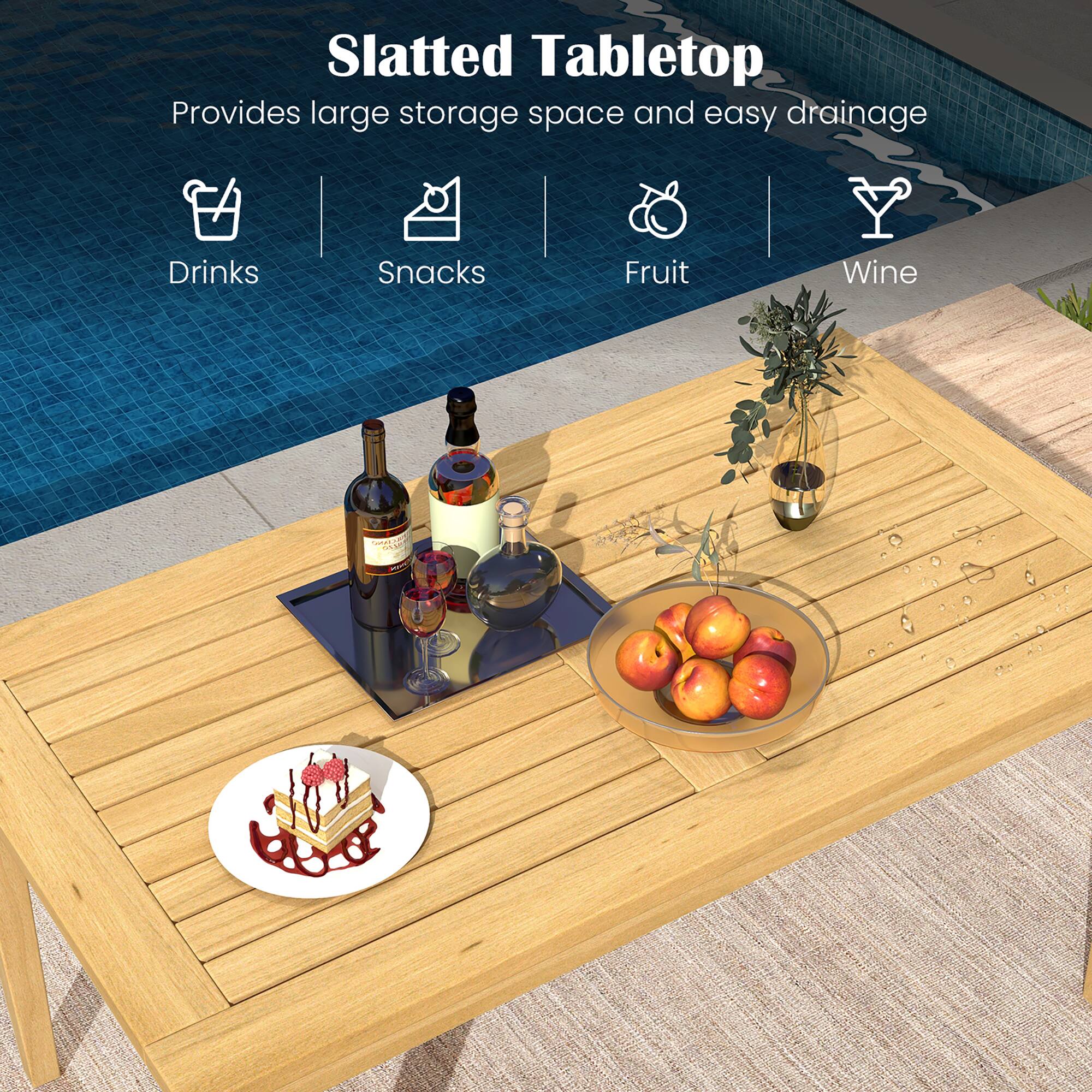 Slatted Tabletop  
Provides large storage space and easy drainage  

- Drinks  
- Snacks  
- Fruit  
- Wine