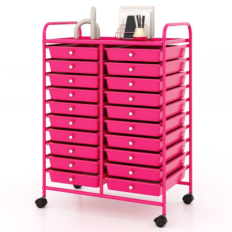 Front. WELLFOR - 20 Drawer Rolling Storage Cart Organizer,Art & Craft Storage Cart Tools Scrapbook Paper Office School Organizer - Rose Red.