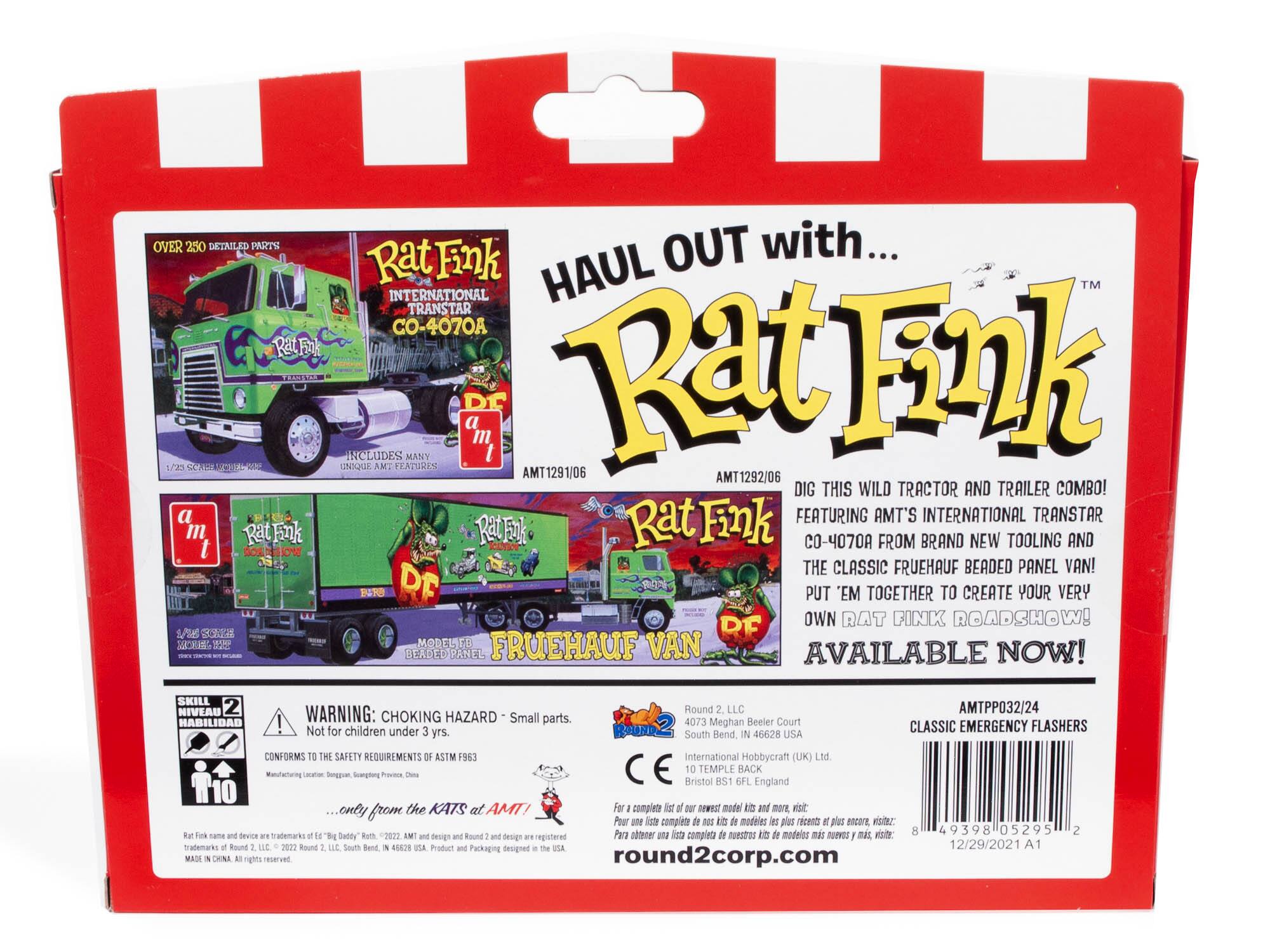 Sure, here is the corrected and grouped text from the image:

---

**HAUL OUT with... Rat Fink**

**OVER 250 DETAILED PARTS**

**Rat Fink INTERNATIONAL TRANSTAR CO-4070A**

**INCLUDES MANY 1/25 SCALE MODELS!**

**DIG THIS WILD TRACTOR AND TRAILER COMBO!**

**FEATURING AMT'S INTERNATIONAL TRANSTAR CO-4070A FROM BRAND NEW TOOLING AND THE CLASSIC FRUEHAUF BEADED PANEL VAN!**

**PUT 'EM TOGETHER TO CREATE YOUR VERY OWN RAT FINK ROADSHOW!**

**FRUEHAUF VAN BEADED PANEL AVAILABLE NOW!**

**SKILL NIVEAU 2 HABILIDAD**

**WARNING: CHOKING HAZARD - Small parts. Not for children under 3 yrs.**

**CONFORMS TO THE SAFETY REQUIREMENTS ASTM F963**

**AMT1291/06**

**AMT1292/06**

**AMTP032/24 CLASSIC EMERGENCY FLASHERS**

**Rat Fink name and device are trademarks of "The Daddy