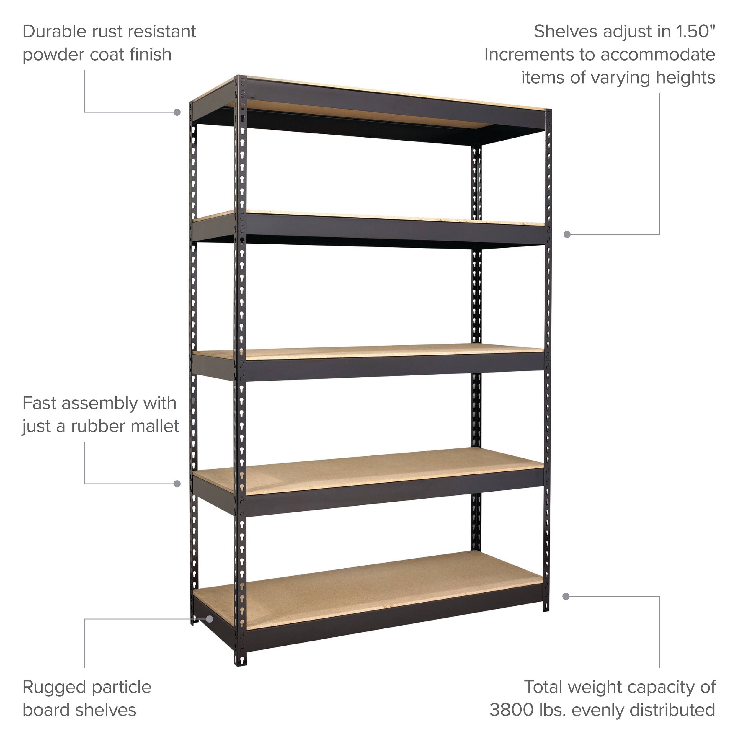 - Durable rust resistant powder coat finish
- Shelves adjust in 1.50" increments to accommodate items of varying heights
- Fast assembly with just a rubber mallet
- Rugged particle board shelves
- Total weight capacity of 3800 lbs. evenly distributed