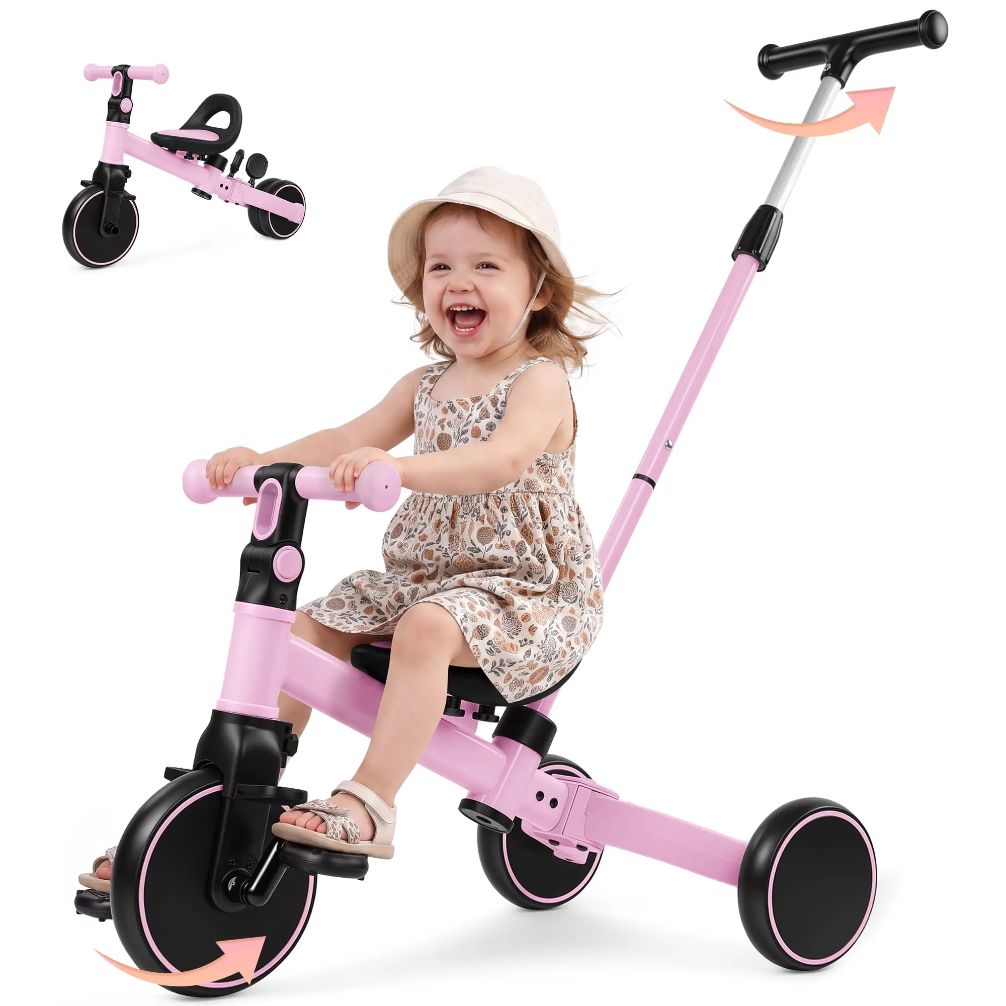 Front. Wisairt - 5-in-1 Toddler Tricycle for Ages 1-3, Kids Trike & Balance Bike with Parent Push Handle, Adjustable Seat & Handlebar - Pink.