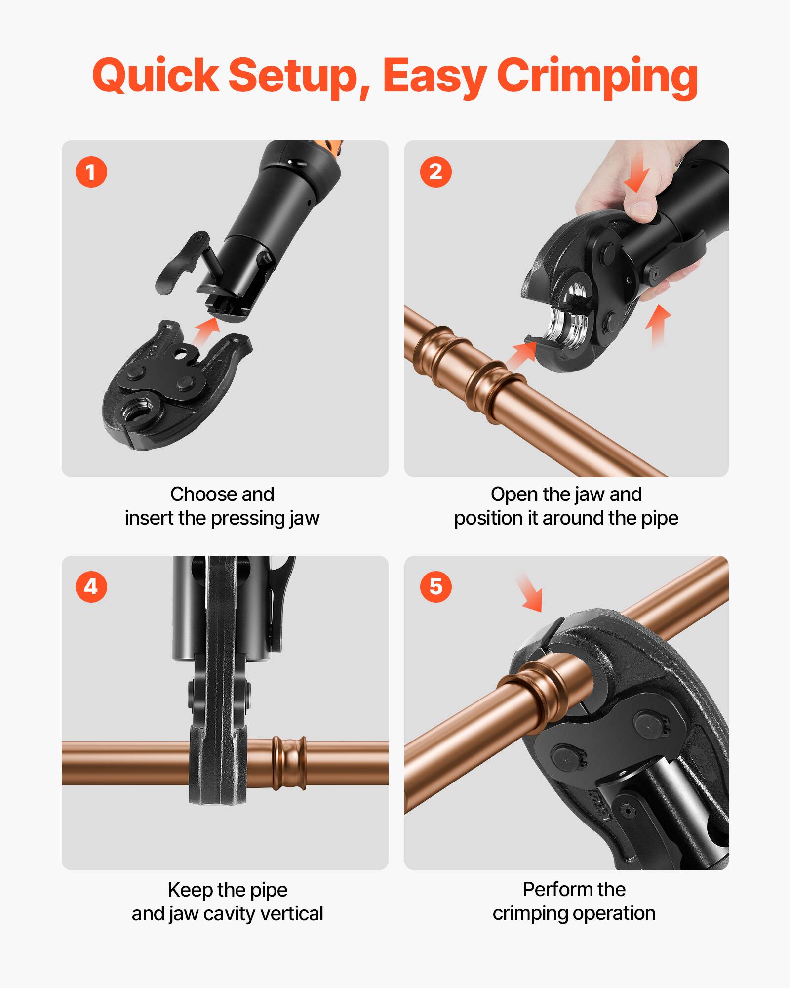 Quick Setup, Easy Crimping

1. Choose and insert the pressing jaw
2. Open the jaw and position it around the pipe
4. Keep the pipe and jaw cavity vertical
5. Perform the crimping operation
