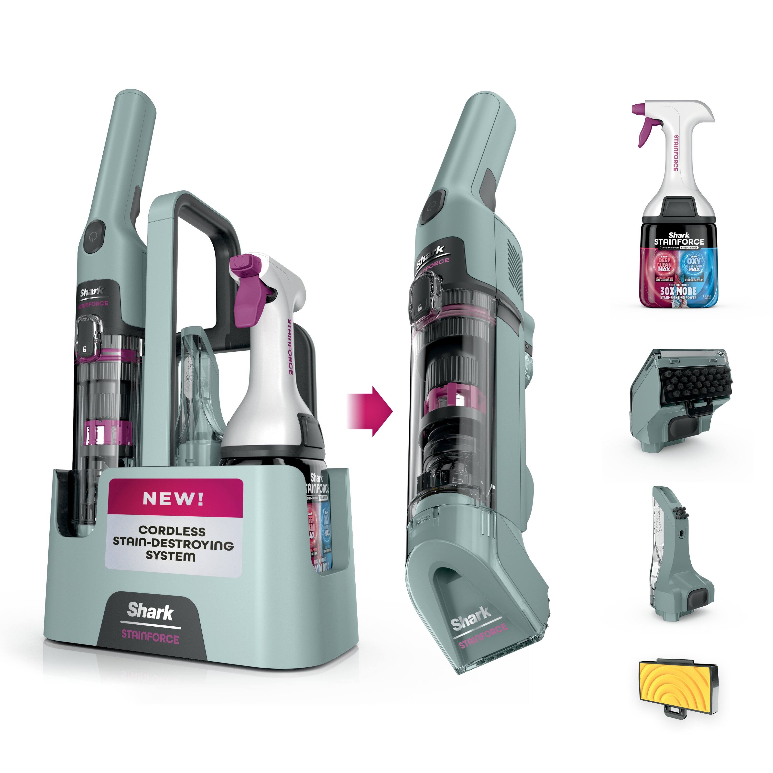 STRINFORCE Shark M NPORCE STRINFORCE * Coe DRCE Shark STRINFORCE . DRY M MAI AI | S0X MORE - | NEW! CORDLESS STAIN-DESTROYING SYSTEM S AIRORO CAIR Ka Shark STAINFORCE Shark STRINFORCE