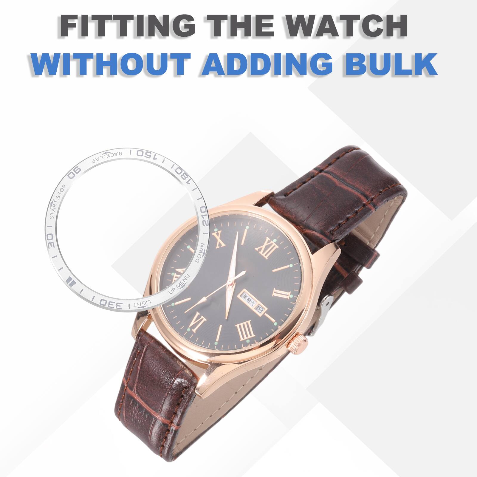Fitting the watch without adding bulk

Back-lap 150 - 06 1801 - - Start/Stop 210

Down XII

Up II

Light 18 VI

III