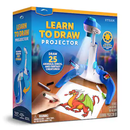 LEARN TO DRAW PROJECTOR
COLLAPSIBLE DESIGN FOR EASY STORAGE
DRAW 25 ANIMALS, DINOS, AND FANTASY CREATURES!
STEAM INCLUDES A STEP-BY-STEP SCENE DRAWING DISC!
WARNING: CHOKING HAZARD — SMALL PARTS. NOT FOR CHILDREN UNDER 3 YRS.
REQUIRES 3 X AAA BATTERIES (NOT INCLUDED)
1 DRAWING PROJECTOR KIT