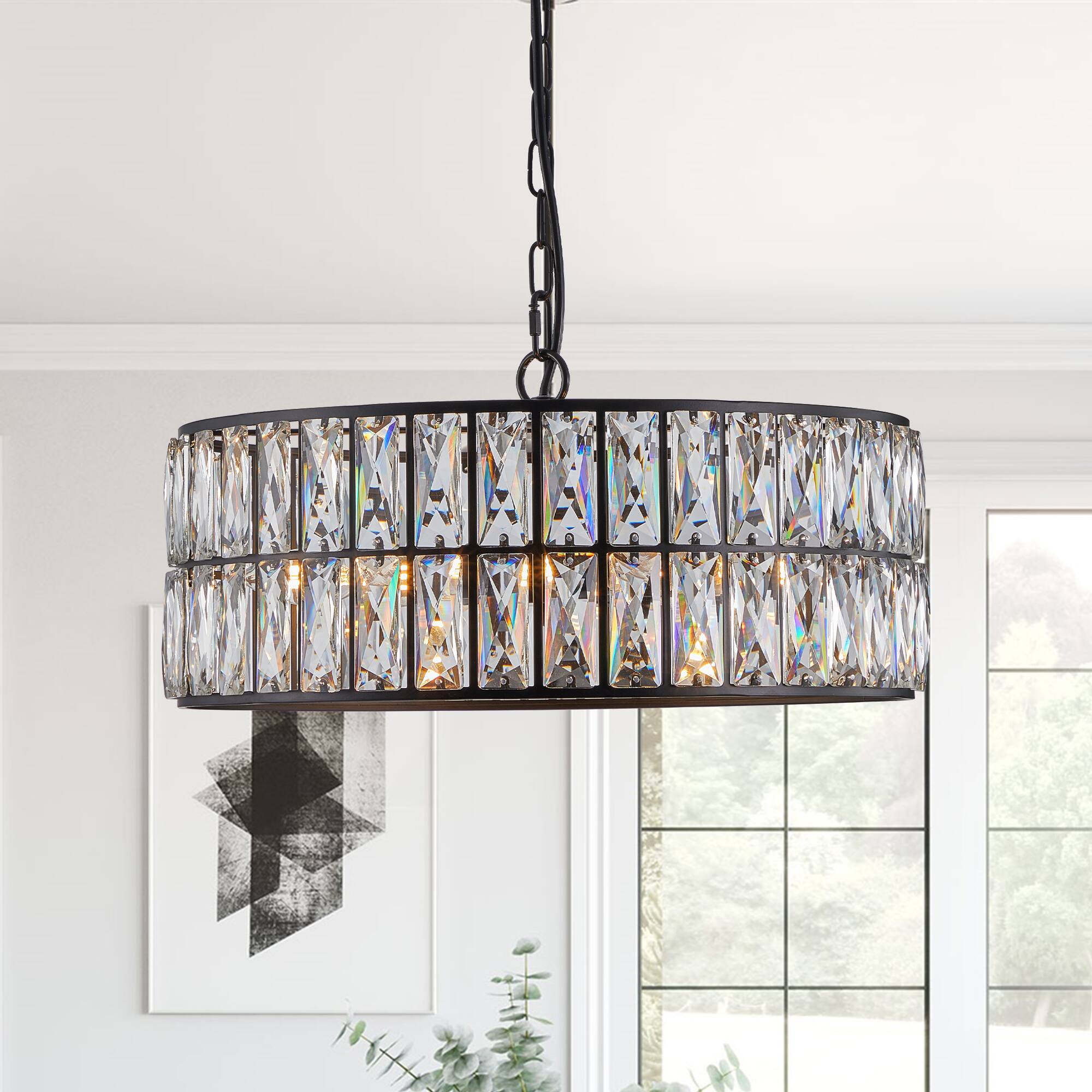 Angle. Tiramisubest - 18" Black Modern Crystal Drum Chandelier, 6-Light Pendant Lighting Fixture with Metal Frame (No Bulbs) - Black.