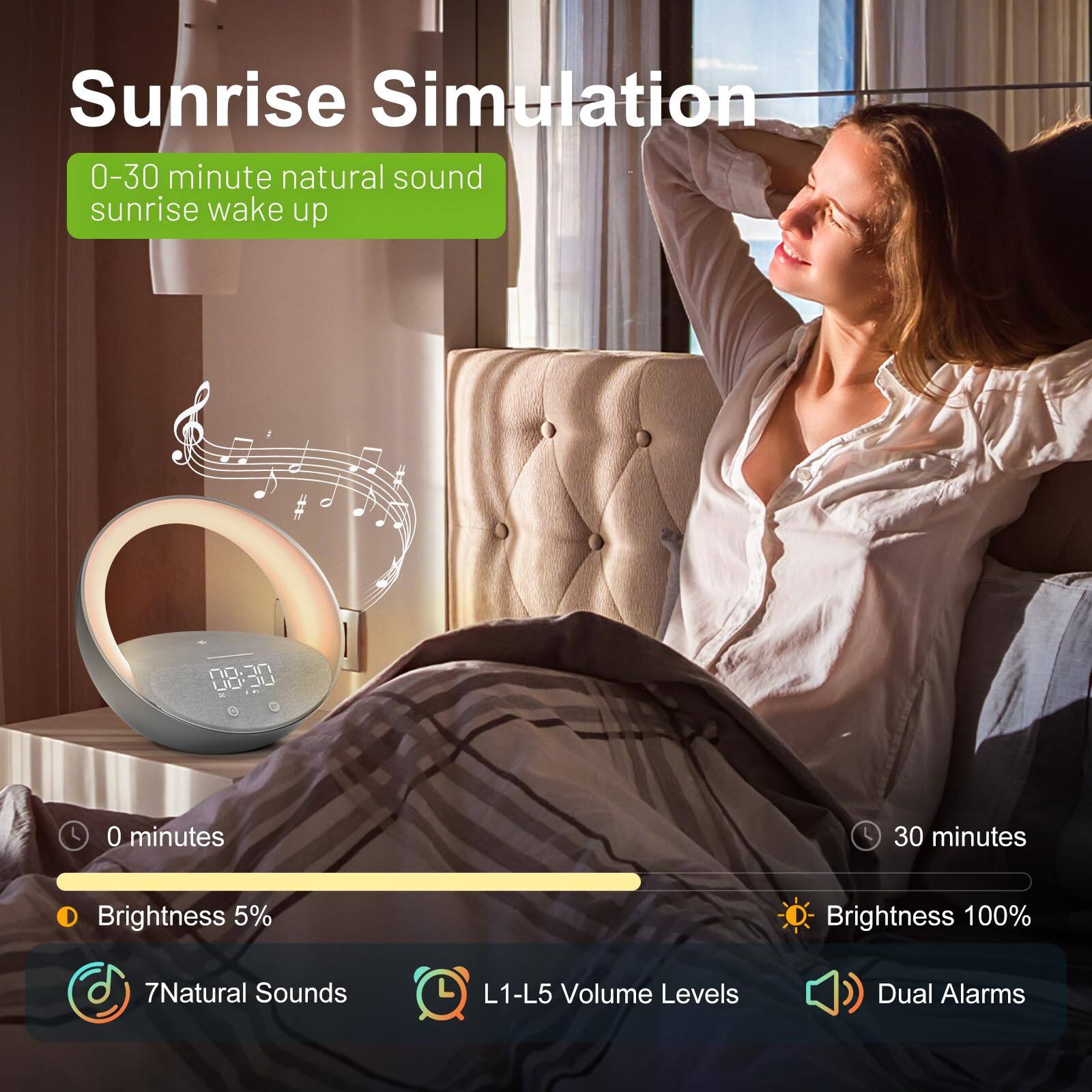 Sunrise Simulation

0-30 minute natural sound sunrise wake up

0 minutes
Brightness 5%

30 minutes
Brightness 100%

7 Natural Sounds
L1-L5 Volume Levels
Dual Alarms