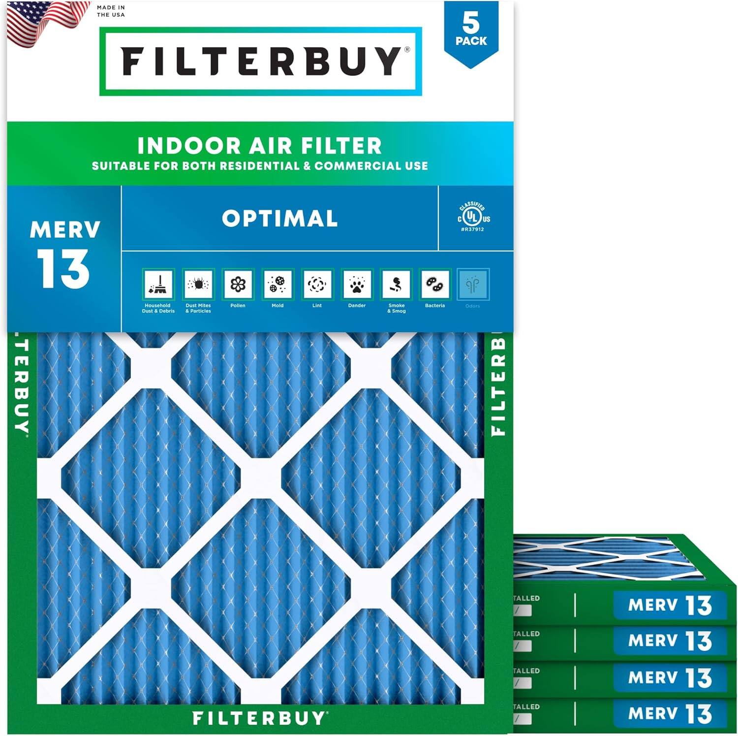 Filterbuy - 17x20x1 MERV 13 Smoke & Allergy Defense, Electrostatic Pleated HVAC AC Furnace Air Filters Replacement (5-Pack) - Blue