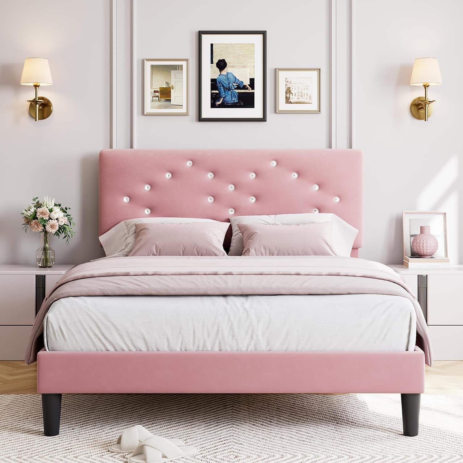 Jojoka - Pink Queen Bed Frame, Upholstered Platform with Button Tufted Headboard, Under-Bed Storage, No Box Spring Needed - Pink