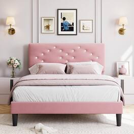 Jojoka - Pink Queen Bed Frame, Upholstered Platform with Button Tufted Headboard, Under-Bed Storage, No Box Spring Needed - Pink