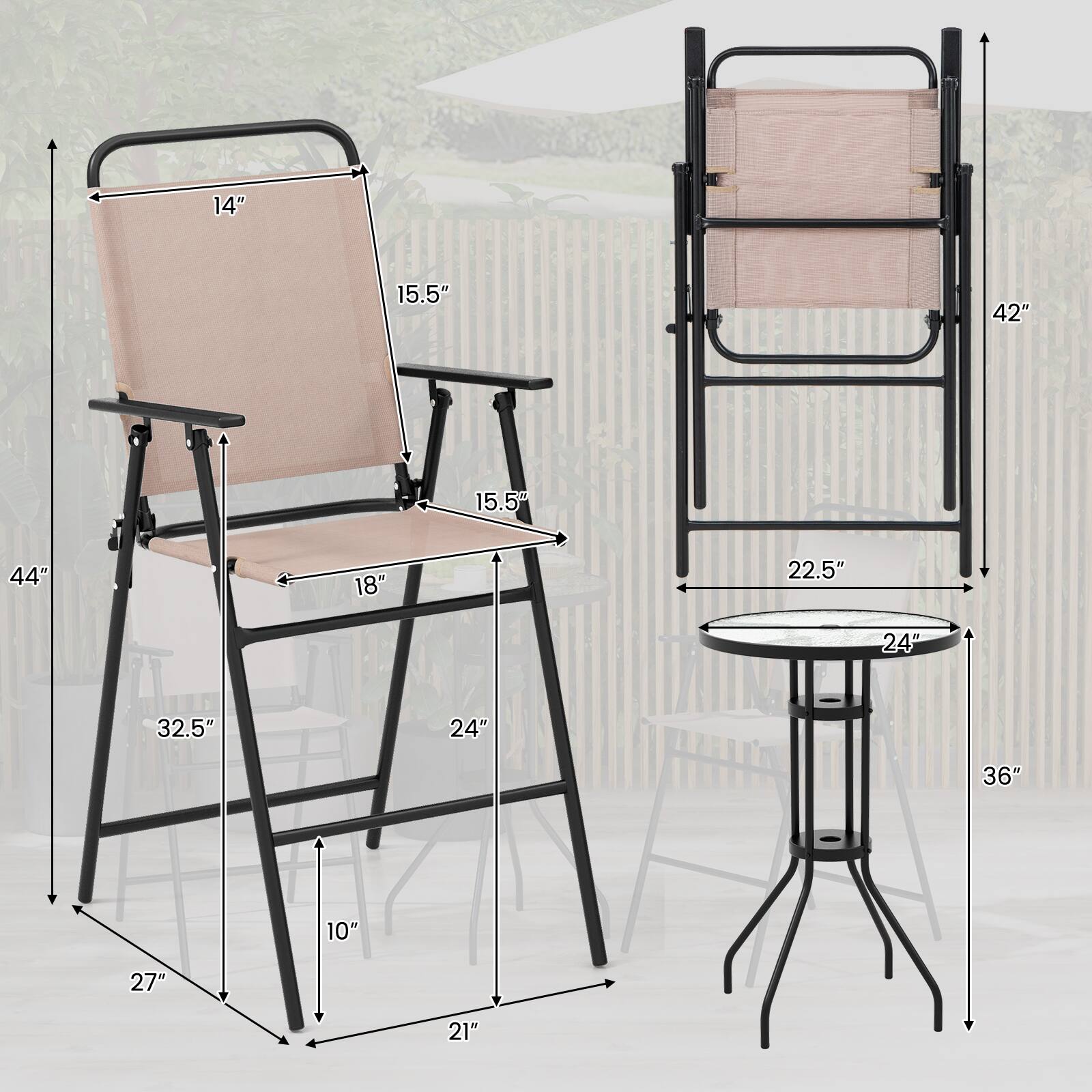 - Chair:
  - Height: 44"
  - Width: 27"
  - Depth: 21"
  - Seat Height: 18"
  - Armrest Height: 15.5"
  - Back Height: 15.5"
  - Back Width: 14"
  - Leg Width: 24"
  - Leg Height: 32.5"
  - Leg Width: 10"

- Table:
  - Height: 36"
  - Diameter: 24"
  - Shelf Height: 22.5"

- Ladder:
  - Height: 42"