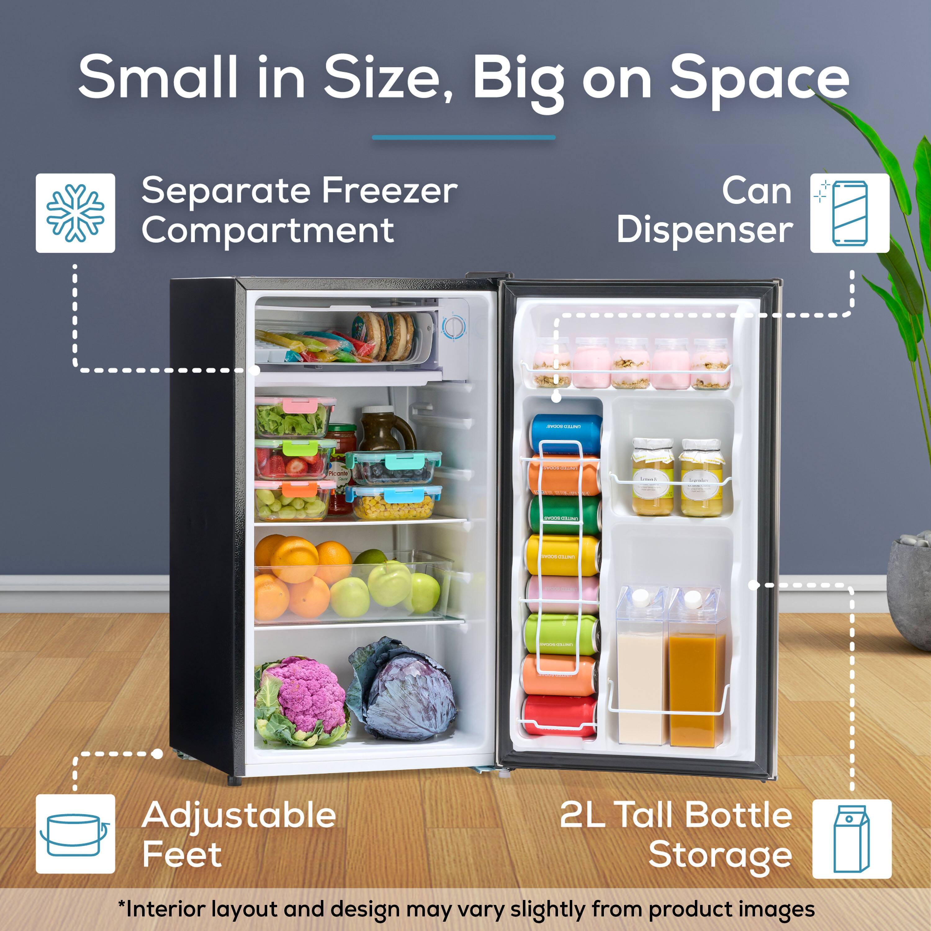 Small in Size, Big on Space

- Separate Freezer Compartment
- Can Dispenser
- Adjustable Feet
- 2L Tall Bottle Storage

*Interior layout and design may vary slightly from product images