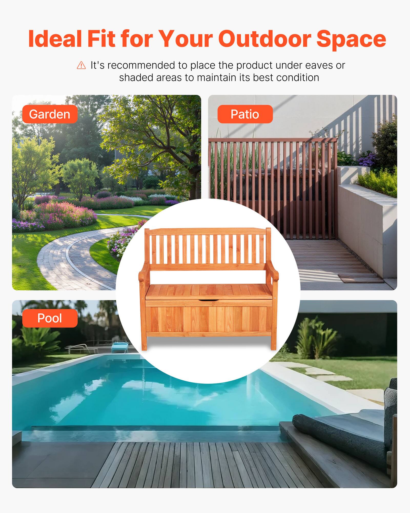 Ideal Fit for Your Outdoor Space

It's recommended to place the product under eaves or shaded areas to maintain its best condition

Garden  
Patio  
Pool