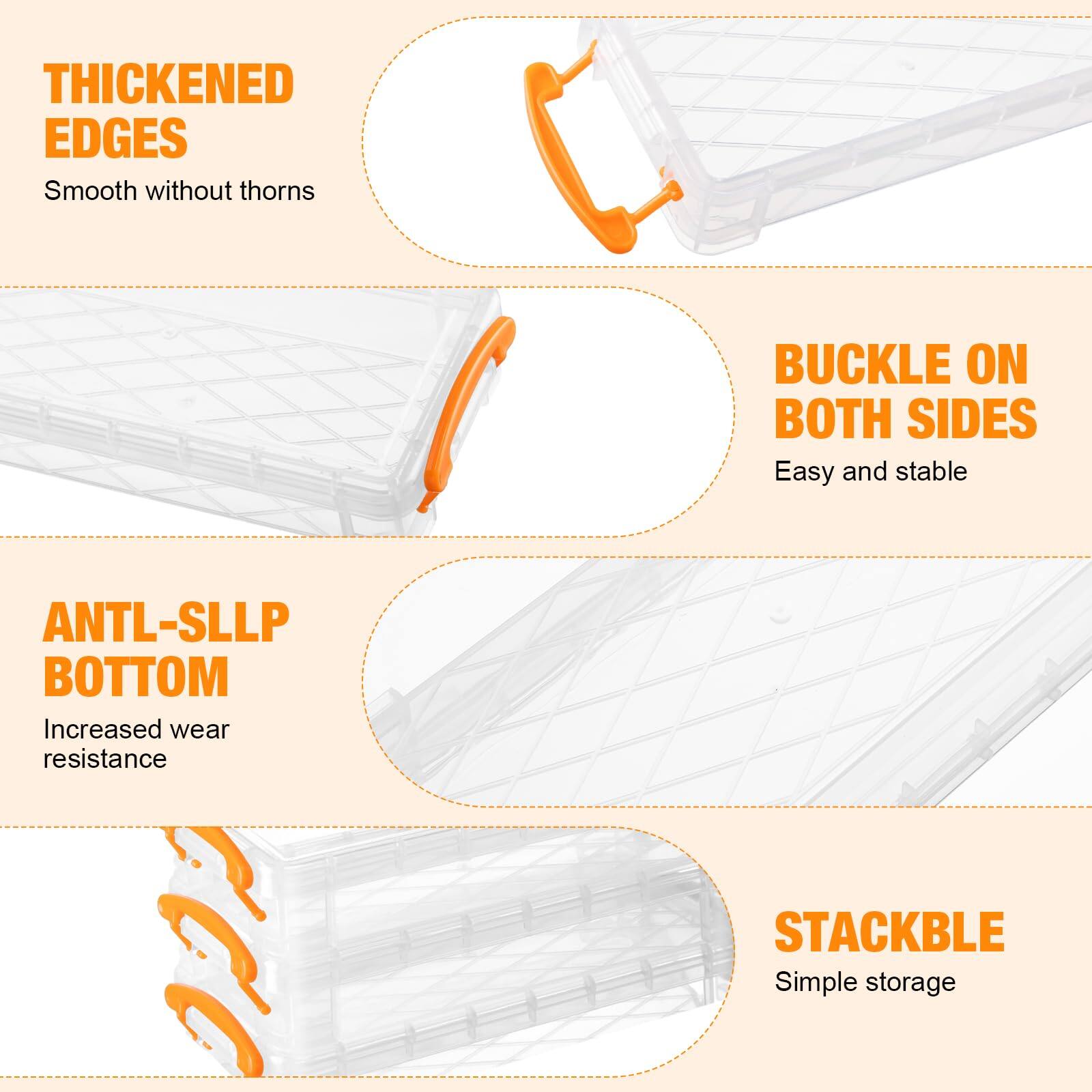 - THICKENED EDGES  
  Smooth without thorns

- BUCKLE ON BOTH SIDES  
  Easy and stable

- ANTL-SLLP BOTTOM  
  Increased wear resistance

- STACKBLE  
  Simple storage