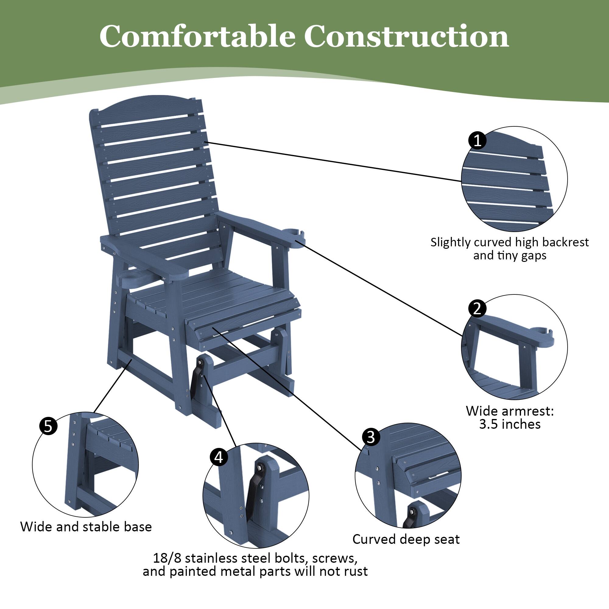 Comfortable Construction

1. Slightly curved high backrest and tiny gaps
2. Wide armrest: 3.5 inches
3. Curved deep seat
4. 18/8 stainless steel bolts, screws, and painted metal parts will not rust
5. Wide and stable base