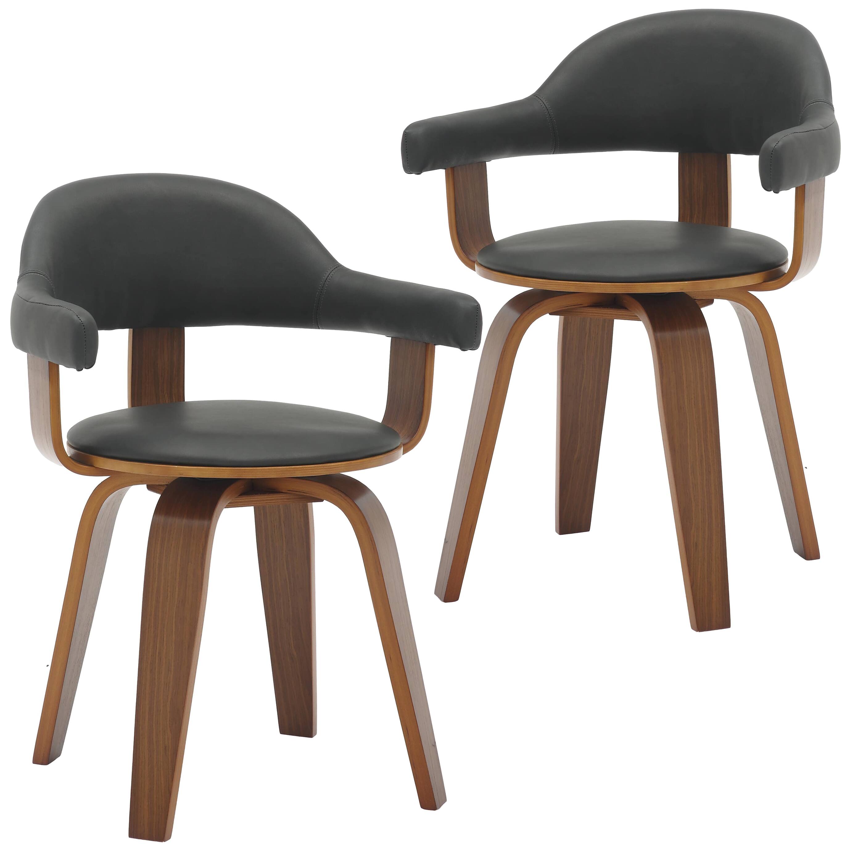 LeisureMod - Set of 2 Brivo Modern Leather Swivel Dining Arm Chair with Solid Wood Legs and Open Curved Back - Black