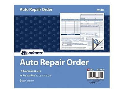 Auto Repair Order  
GT3870  

50 carbonless sets  
8 1/2" x 7 7/16" (21.6 x 18.9 cm)  

adams  

Auto Repair Order  
GT3870  

CTOPS