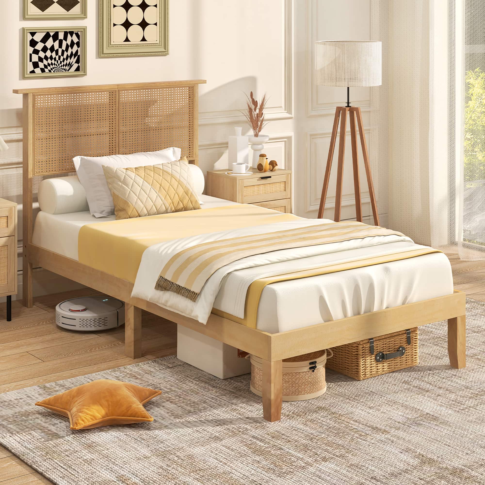 Gymax - Twin Size Bed Frame w/ Rattan Headboard 10 Solid Wood Legs & 12 Wooden Slats - Natural