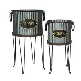 Zeckos - Set of 2 Rustic Galvanized Metal Round Flower Pot Garden Planters With Stands - Brown