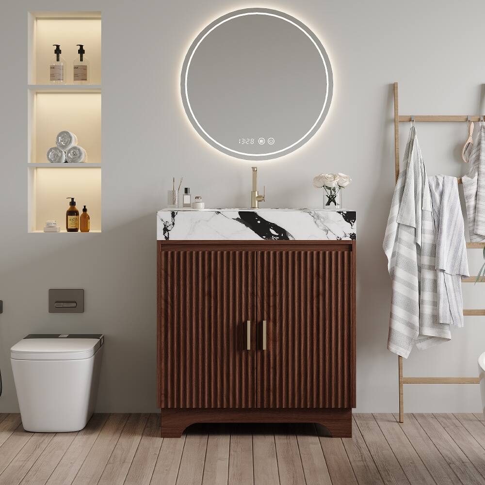 Loheer - 30 inch freestanding bathroom vanity Walnut Plywood Cabinet Sintered Stone Top - Walnut, White