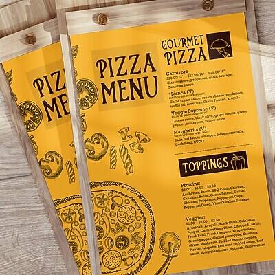 **GOURMET PIZZA MENU**

**PIZZA**
- Carnivoro $22.00/24" $35.00/14" $20.00/12"
- Classic Squeeze
- Canadiaa Bianca (V)
- Padena
- Carbe tute + MF
- Veggie Classic
- Sopreme (V)
- Margherita (V)
- Dalia red EVOO

**TOPPINGS**
- Proteins: $5.00
  - Bacon, B80
  - Anchovies
  - Chicken, Vinay's Teppereni Diced
- Veggies: $2.00
  - Artichoke
  - Pepper, O
  - Fresh Grilled aliver
  - Red

**Specials**
- $2.50
- $1.50