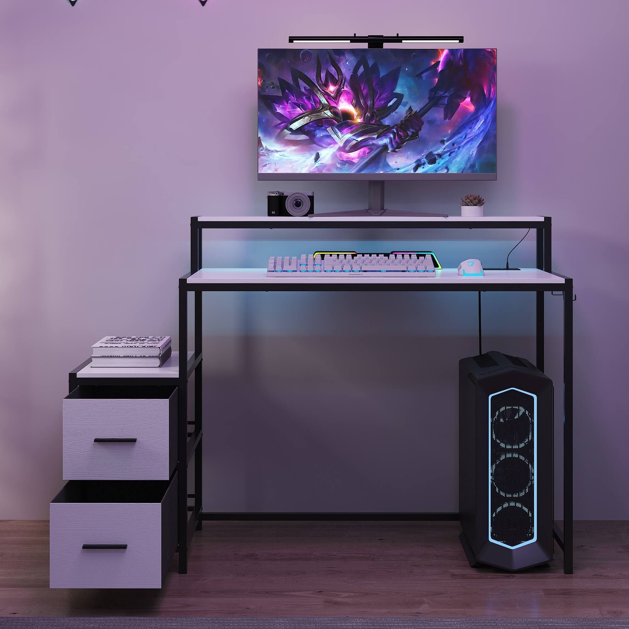 Alt View 7. Famapy - Gaming Desk with RGB Lights, Built-in Power Outlets, Cable Management & Storage for Immersive Setup - White & Black.